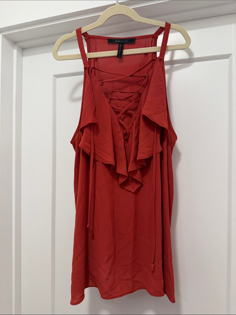 BCBGMaxAzria burnt orange Lace-Up Ruffle Tank
